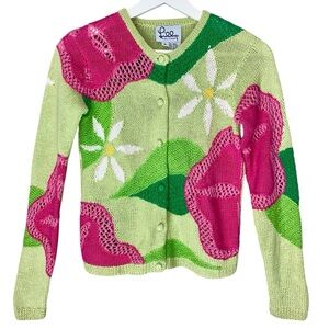 LILLY PULITZER Cardigan Sweater Button Up Long Sleeve Green Pink Floral Women S